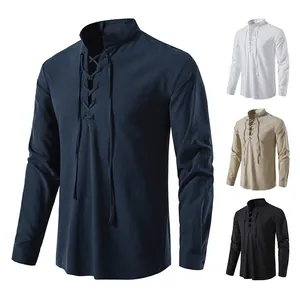 Men Henley Shirt Cotton Blend Lace-up Stand Collar Hippie Casual Beach Vacation Long Sleeve Top Regular Fit Shirt