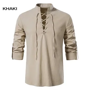 Men's cotton linen lace-up Henley shirt in khaki hippie casual beach style