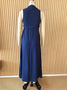 Vue arrière d'une élégante robe longue plissée sans manches bleu marine avec lien à la taille