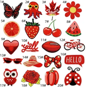 Set of 20 red embroidered patches featuring cute fruit, animal, and floral DIY designs