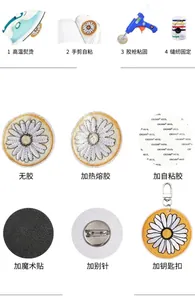 Customizable daisy embroidered patches showing various backing options like pins and keychains