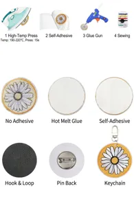 Patch ricamate a margherita personalizzabili con varie opzioni come spille e portachiavi