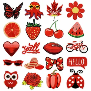 Red Series Embroidery Patches Polyester Thread Computer Embroidered Floral Animal Fruit Iron On Decorative Repair Patches For Clothing Bags DIY