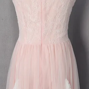 Detail showing the intricate floral lace and soft tulle of this elegant pink evening dress.