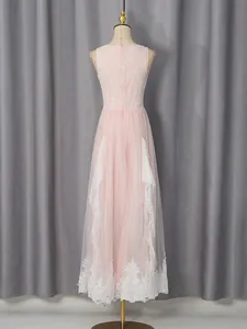 Elegant pink sleeveless lace long dress for women, slim fit evening gown, back view.