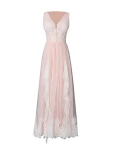 Elegant light pink V-neck lace maxi dress with floral embroidery and ruffled tulle skirt