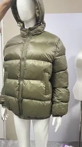 Glossy olive green metallic hooded puffer jacket for men displayed on a white mannequin