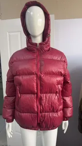 Insulated dark red hooded puffer jacket with double zipper design for men in winter