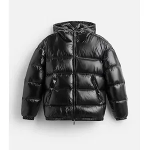 Men's Winter Puffer Jacket Glossy Hooded Thickened Warm Quilted Coat Unisex Solid Color Windproof Cold Weather Outdoor Overcoat