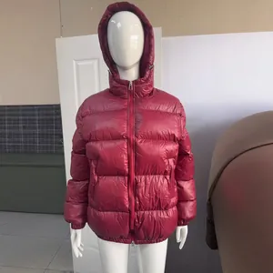 Unisex wine red hooded winter padded jacket displayed on a white mannequin in a studio