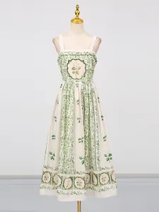 Elegant forest style floral printed camisole dress with waist-slimming long skirt.