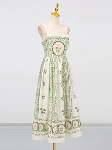 Elegant Mori-style botanical print strap midi dress with cinched waist for women.