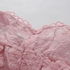 Close-up of pink lace fabric with intricate floral embroidery on a vintage dress