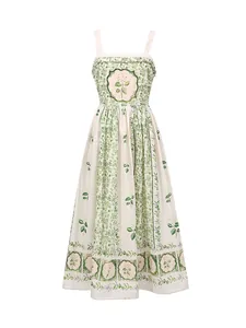 Elegant green floral print midi sundress with waist cinching forest style design