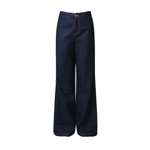 Detailed front view of high-waisted dark blue wide-leg denim jeans for women