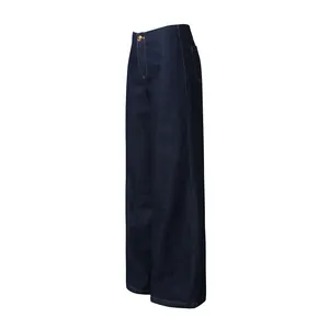 Classic high-waisted wide-leg dark blue denim jeans with elegant golden button closure