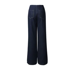 Back view of high-waisted dark blue wide-leg denim jeans with back pockets.