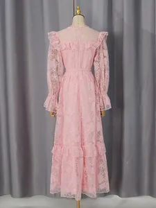 Elegant vintage pink lace high-waist dress with lantern sleeves and belt detail