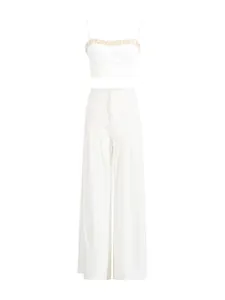 Elegant white two-piece summer set featuring a beaded crop top and high-waisted wide-leg trousers