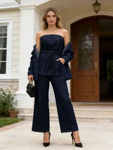 Chic dark blue denim 3-piece set with strapless belted top and wide-leg jeans