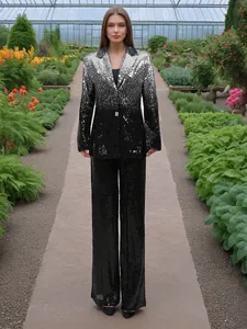 Elegante conjunto de dos piezas de americana y pantalón de lentejuelas plata y negro