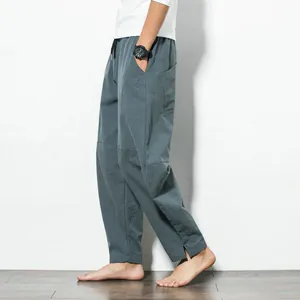 Detailed side view of men's loose gray Chinese style harem pants with wide-leg design