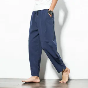 Side view of loose-fit men's navy blue harem pants with traditional Chinese style design.