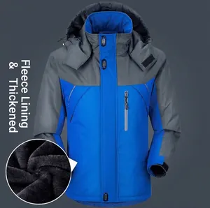 Parka de invierno azul y gris para hombre con forro polar cálido y capucha protectora