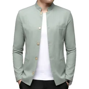 Close-up of a men's slim fit Mandarin collar jacket in premium light sage green linen