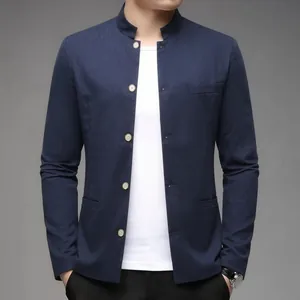 Modern navy blue men's Chinese style mandarin collar jacket in cotton linen fabric