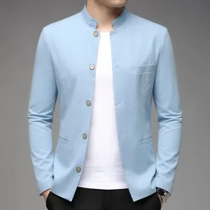 Close-up detail of a men's light blue cotton linen jacket featuring a mandarin collar.