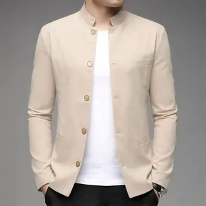 Close-up of men's beige cotton-linen jacket featuring a modern stand collar design