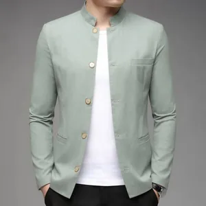 Front detail of a stylish men's sage green cotton linen blazer with mandarin collar