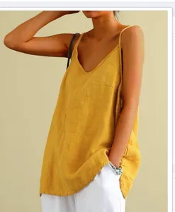 Detailed view of casual yellow cotton linen camisole tank top featuring a V-neckline