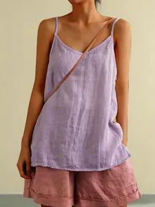 Close-up of a purple cotton linen camisole tank top for women's summer wear