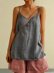 Loose grey cotton linen camisole top for women featuring thin straps and V-neckline