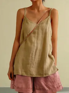 Detailed view of women's loose khaki linen cotton camisole tank top in summer style