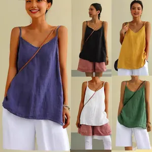 Women's Casual Cotton Linen Tank Top Sleeveless V Neck Spaghetti Strap Cami Solid Color Loose Summer Top For Daily Vacation