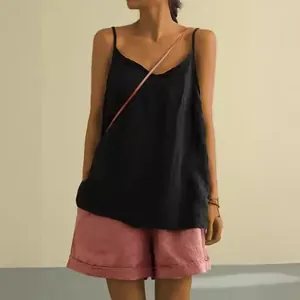 Minimalist black cotton linen camisole for women, loose fit summer sleeveless tank top