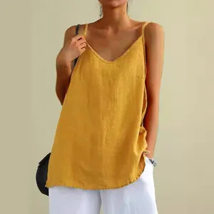 Comfortable yellow cotton linen camisole tank top for women featuring loose fit and V-neck