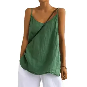 Casual green cotton linen camisole tank top for women summer loose sleeveless top