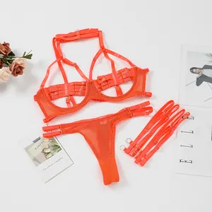 Ensemble de lingerie 4 pièces orange néon avec lanières, bonnets ouverts et jarretelles
