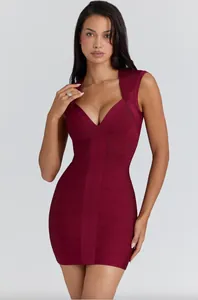 Close-up of elegant burgundy v-neck bandage bodycon mini dress for women's fashion