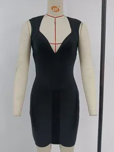 Detailed front view of a black sleeveless V-neck ribbed bandage mini dress for women.