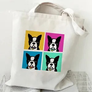 Damen Mode Französische Bulldogge Druck Canvas Tragetasche Harajuku Stil Schultertasche Künstlerische Pop Art Frenchie Handtasche Eco Bag