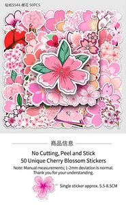 Detailansicht von 50 verschiedenen rosa Kirschblüten Aufklebern, wasserfester Vinyl
