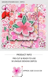 Close-up detail of 50 various pink cherry blossom waterproof vinyl stickers set