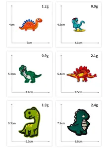 Detailed size and weight specifications for six cartoon dinosaur embroidery patches