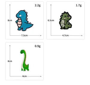 Detailed view of cartoon dinosaur embroidered patches with size and weight specs.