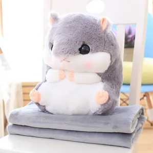 Adorable soft gray hamster plush toy set sitting on a matching folded faux fur blanket